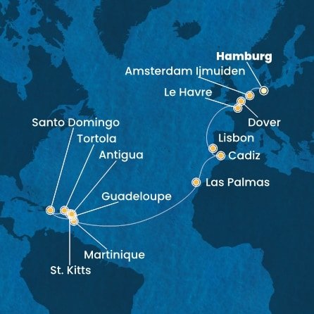 Německo, Nizozemsko, Velká Británie, Francie, Portugalsko, Španělsko, Martinik, Guadeloupe, Svatý Kryštof a Nevis, Antigua a Barbuda, Britské Panenské ostrovy, Dominikánská republika z Hamburku na lodi Costa Favolosa