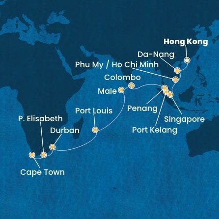 Čína, Vietnam, Singapur, Malajsie, Srí Lanka, Maledivy, Mauricius, Jihoafrická republika z Hong Kongu na lodi Costa Deliziosa