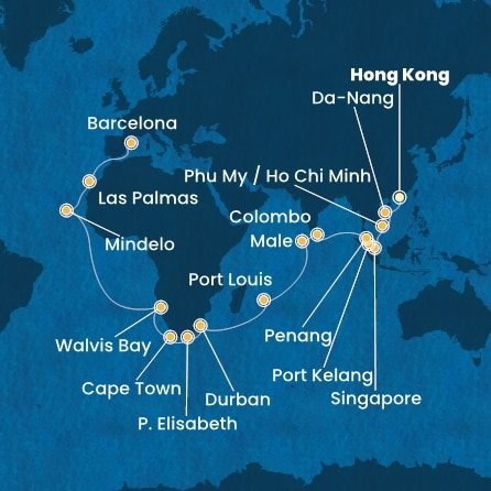 Čína, Vietnam, Singapur, Malajsie, Srí Lanka, Maledivy, Mauricius, Jihoafrická republika, Namibie, Kapverdy, Španělsko z Hong Kongu na lodi Costa Deliziosa