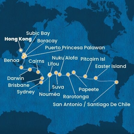 Čína, Filipíny, Indonésie, Austrálie, Nová Kaledonie, Fidži, Tonga, Cookovy ostrovy, Francouzská Polynésie, Zámořské území Velké Británie, Chile z Hong Kongu na lodi Costa Serena