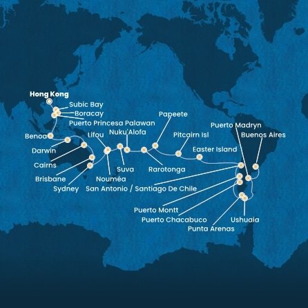 Čína, Filipíny, Indonésie, Austrálie, Nová Kaledonie, Fidži, Tonga, Cookovy ostrovy, Francouzská Polynésie, Zámořské území Velké Británie, Chile, Argentina z Hong Kongu na lodi Costa Serena