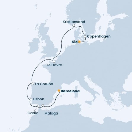 Německo, Dánsko, Norsko, Francie, Španělsko, Portugalsko z Kielu na lodi Costa Firenze