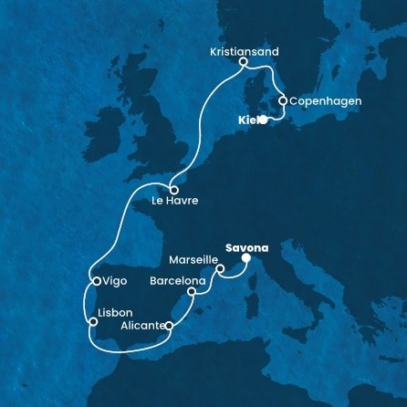 Německo, Dánsko, Norsko, Francie, Španělsko, Portugalsko, Itálie z Kielu na lodi Costa Diadema