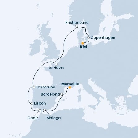Německo, Dánsko, Norsko, Francie, Španělsko, Portugalsko z Kielu na lodi Costa Firenze
