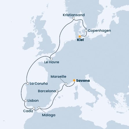 Německo, Dánsko, Norsko, Francie, Španělsko, Portugalsko, Itálie z Kielu na lodi Costa Firenze
