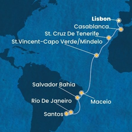 Portugalsko, Maroko, Španělsko, Kapverdy, Brazílie z Lisabonu na lodi Costa Diadema