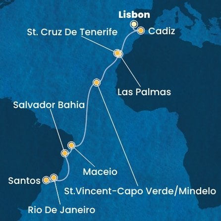 Portugalsko, Španělsko, Kapverdy, Brazílie z Lisabonu na lodi Costa Diadema