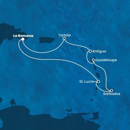 Dominikánská republika, Svatá Lucie, Barbados, Guadeloupe, Antigua a Barbuda, Britské Panenské ostrovy z La Romany na lodi Costa Fascinosa