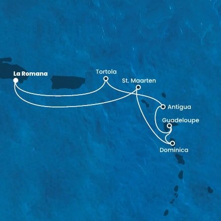 Dominikánská republika, Svatý Martin, Dominika, Guadeloupe, Antigua a Barbuda, Britské Panenské ostrovy z La Romany na lodi Costa Fascinosa
