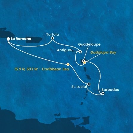 Dominikánská republika, , Svatá Lucie, Barbados, Guadeloupe, Antigua a Barbuda, Britské Panenské ostrovy z La Romany na lodi Costa Fascinosa