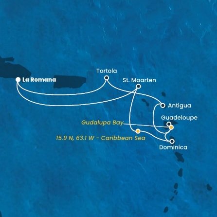 Dominikánská republika, Svatý Martin, , Dominika, Guadeloupe, Antigua a Barbuda, Britské Panenské ostrovy z La Romany na lodi Costa Fascinosa