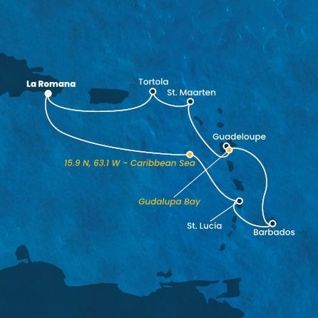 Dominikánská republika, , Svatá Lucie, Barbados, Guadeloupe, Svatý Martin, Britské Panenské ostrovy z La Romany na lodi Costa Fascinosa