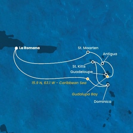 Dominikánská republika, Dominika, Svatý Kryštof a Nevis, Guadeloupe, Zámořské společenství Francie, Antigua a Barbuda, Svatý Martin z La Romany na lodi Costa Fascinosa
