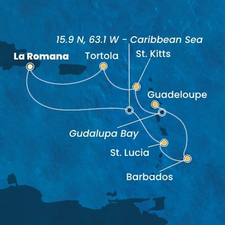 Dominikánská republika, Svatá Lucie, Barbados, Guadeloupe, Zámořský departement Francie, Svatý Kryštof a Nevis, Britské Panenské ostrovy z La Romany na lodi Costa Pacifica