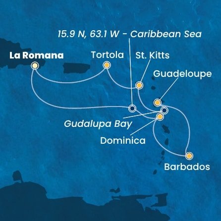 Dominikánská republika, Dominika, Barbados, Guadeloupe, Zámořský departement Francie, Svatý Kryštof a Nevis, Britské Panenské ostrovy z La Romany na lodi Costa Pacifica
