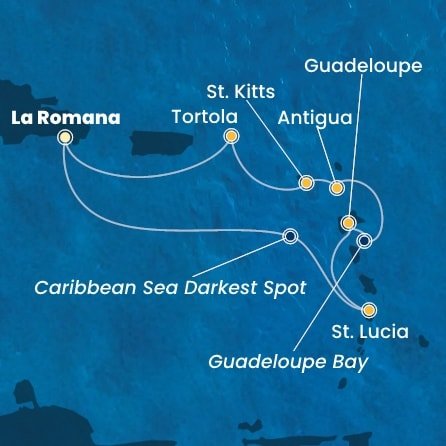 Dominikánská republika, Svatá Lucie, Guadeloupe, Antigua a Barbuda, Svatý Kryštof a Nevis, Britské Panenské ostrovy z La Romany na lodi Costa Fascinosa