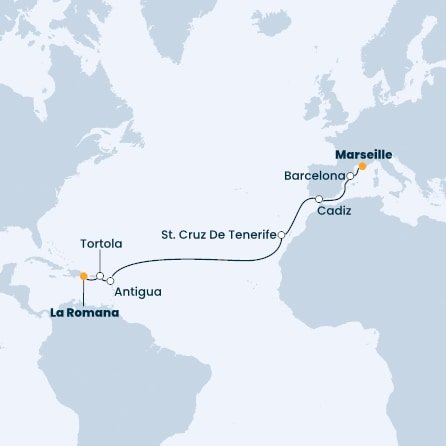 Dominikánská republika, Britské Panenské ostrovy, Antigua a Barbuda, Španělsko, Francie z La Romany na lodi Costa Pacifica