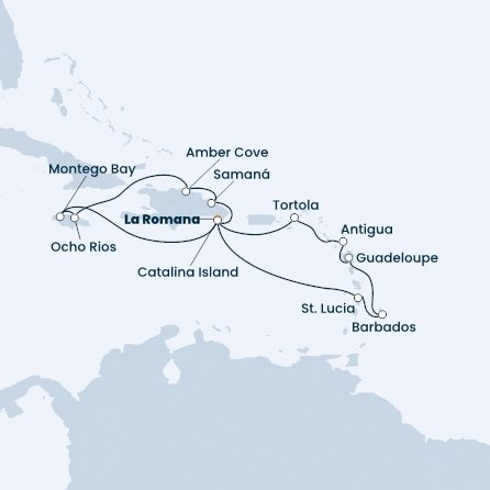 Dominikánská republika, Jamajka, Svatá Lucie, Barbados, Guadeloupe, Antigua a Barbuda, Britské Panenské ostrovy z La Romany na lodi Costa Pacifica
