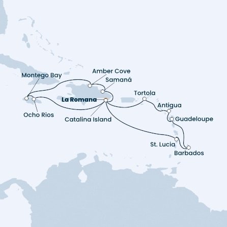 Dominikánská republika, Svatá Lucie, Barbados, Guadeloupe, Antigua a Barbuda, Britské Panenské ostrovy, Jamajka z La Romany na lodi Costa Pacifica
