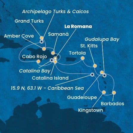 Dominikánská republika, Zámořské území Velké Británie, Svatý Vincenc a Grenadiny, Barbados, Guadeloupe, Zámořský departement Francie, Svatý Kryštof a Nevis, Britské Panenské ostrovy z La Romany na lodi Costa Pacifica