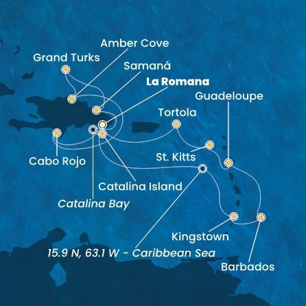 Dominikánská republika, Svatý Vincenc a Grenadiny, Barbados, Guadeloupe, Svatý Kryštof a Nevis, Britské Panenské ostrovy, Zámořské území Velké Británie z La Romany na lodi Costa Pacifica