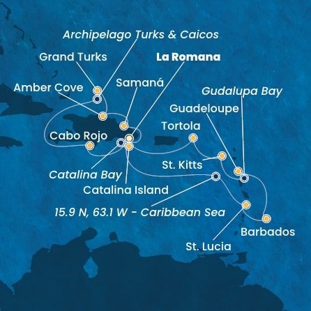 Dominikánská republika, Svatá Lucie, Barbados, Guadeloupe, Zámořský departement Francie, Svatý Kryštof a Nevis, Britské Panenské ostrovy, Zámořské území Velké Británie z La Romany na lodi Costa Pacifica