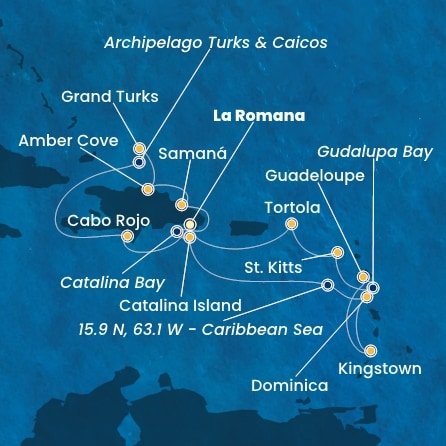 Dominikánská republika, Zámořské území Velké Británie, Dominika, Svatý Vincenc a Grenadiny, Guadeloupe, Zámořský departement Francie, Svatý Kryštof a Nevis, Britské Panenské ostrovy z La Romany na lodi Costa Pacifica