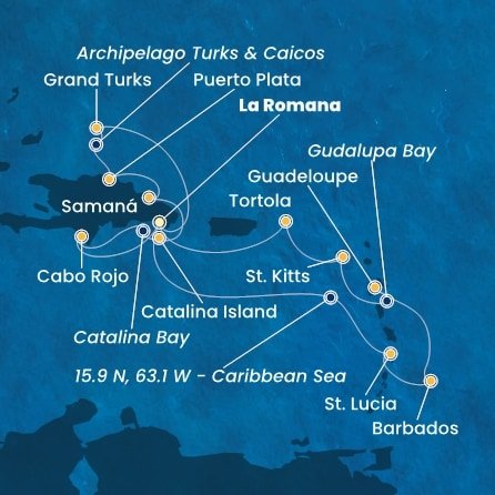 Dominikánská republika, Zámořské území Velké Británie, Svatá Lucie, Barbados, Guadeloupe, Zámořský departement Francie, Svatý Kryštof a Nevis, Britské Panenské ostrovy z La Romany na lodi Costa Pacifica