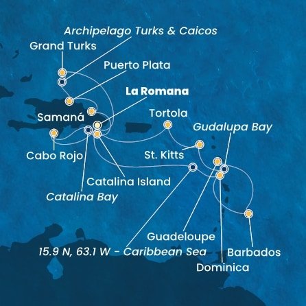 Dominikánská republika, Dominika, Barbados, Guadeloupe, Zámořský departement Francie, Svatý Kryštof a Nevis, Britské Panenské ostrovy, Zámořské území Velké Británie z La Romany na lodi Costa Pacifica