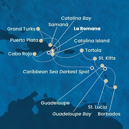 Dominikánská republika, Zámořské území Velké Británie, Svatá Lucie, Barbados, Guadeloupe, Svatý Kryštof a Nevis, Britské Panenské ostrovy z La Romany na lodi Costa Fascinosa