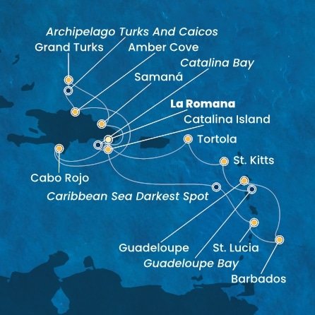 Dominikánská republika, Svatá Lucie, Barbados, Guadeloupe, Svatý Kryštof a Nevis, Britské Panenské ostrovy, Zámořské území Velké Británie z La Romany na lodi Costa Fascinosa