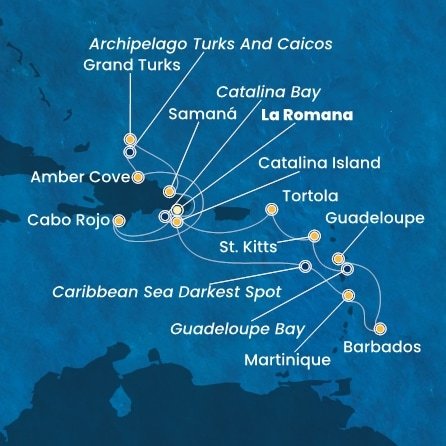Dominikánská republika, Zámořské území Velké Británie, Martinik, Barbados, Guadeloupe, Svatý Kryštof a Nevis, Britské Panenské ostrovy z La Romany na lodi Costa Fascinosa