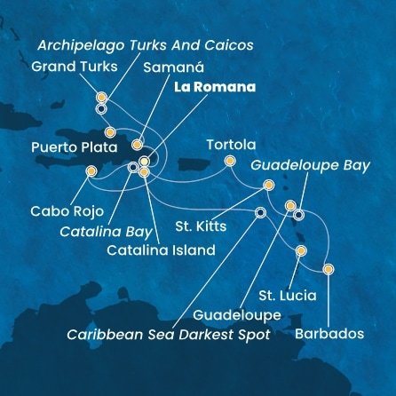 Dominikánská republika, Zámořské území Velké Británie, Svatá Lucie, Barbados, Guadeloupe, Svatý Kryštof a Nevis, Britské Panenské ostrovy z La Romany na lodi Costa Fascinosa