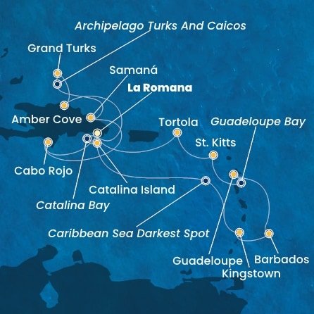 Dominikánská republika, Zámořské území Velké Británie, Svatý Vincenc a Grenadiny, Barbados, Guadeloupe, Svatý Kryštof a Nevis, Britské Panenské ostrovy z La Romany na lodi Costa Pacifica