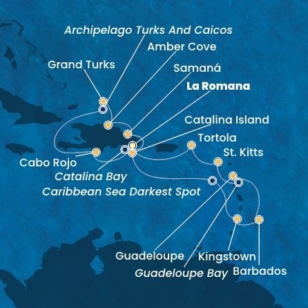 Dominikánská republika, Svatý Vincenc a Grenadiny, Barbados, Guadeloupe, Svatý Kryštof a Nevis, Britské Panenské ostrovy, Zámořské území Velké Británie z La Romany na lodi Costa Pacifica