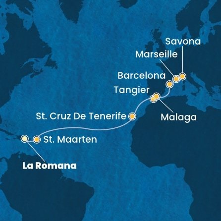 Dominikánská republika, Svatý Martin, Španělsko, Maroko, Francie, Itálie z La Romany na lodi Costa Fascinosa