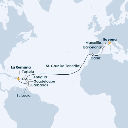 Dominikánská republika, Svatá Lucie, Barbados, Guadeloupe, Antigua a Barbuda, Britské Panenské ostrovy, Španělsko, Francie, Itálie z La Romany na lodi Costa Pacifica