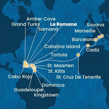 Dominikánská republika, Dominika, Svatý Vincenc a Grenadiny, Guadeloupe, Svatý Kryštof a Nevis, Britské Panenské ostrovy, Zámořské území Velké Británie, Svatý Martin, Španělsko, Francie, Itálie z La Romany na lodi Costa Pacifica