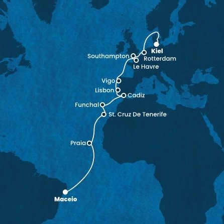 Brazílie, Kapverdy, Španělsko, Portugalsko, Francie, Velká Británie, Nizozemsko, Německo z Maceia na lodi Costa Diadema