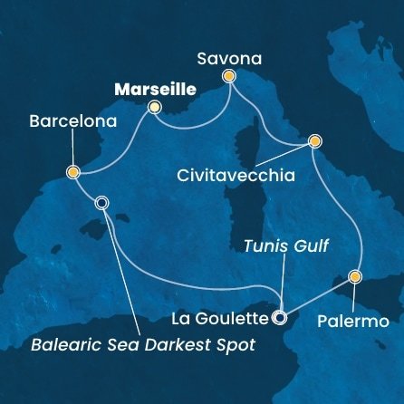 Francie, Španělsko, Tunisko, Itálie z Marseille na lodi Costa Smeralda