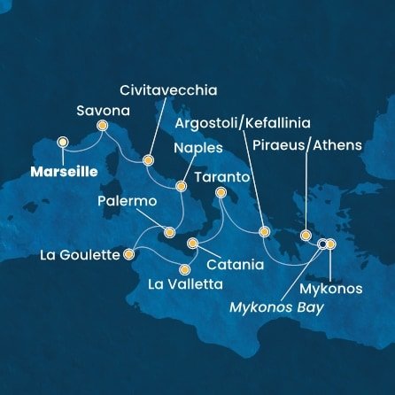 Francie, Itálie, Tunisko, Malta, Kefalonie, Řecko z Marseille na lodi Costa Fascinosa