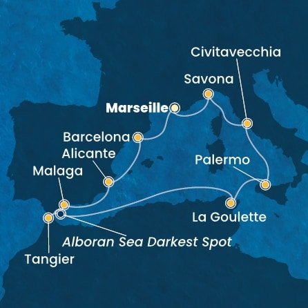 Francie, Španělsko, Maroko, , Tunisko, Sicílie, Itálie z Marseille na lodi Costa Toscana