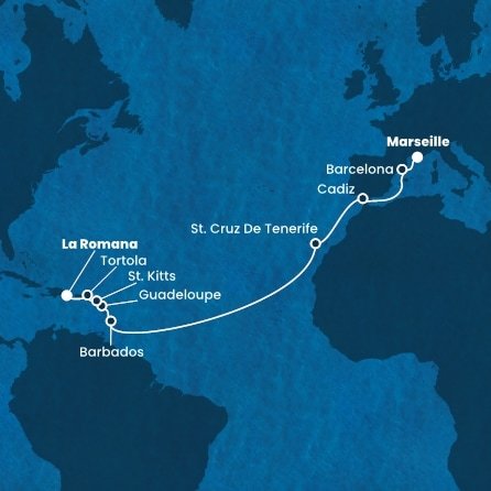 Francie, Španělsko, Barbados, Guadeloupe, Svatý Kryštof a Nevis, Britské Panenské ostrovy, Dominikánská republika z Marseille na lodi Costa Fascinosa