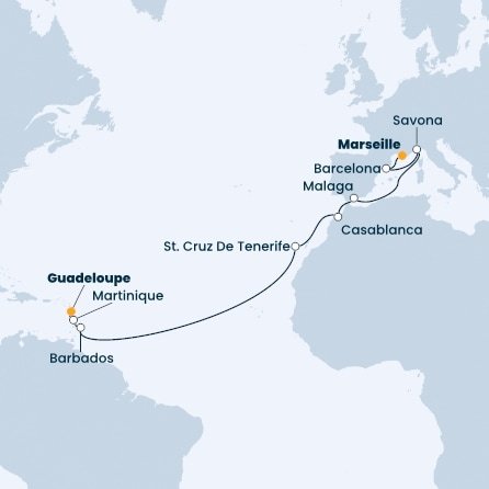 Francie, Španělsko, Itálie, Maroko, Barbados, Martinik, Guadeloupe z Marseille na lodi Costa Fascinosa