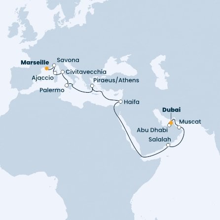 Francie, Itálie, Řecko, Izrael, Omán, Spojené arabské emiráty z Marseille na lodi Costa Toscana