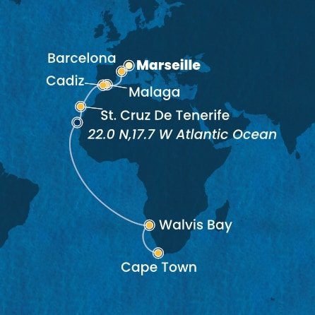 Francie, Španělsko, Namibie, Jihoafrická republika z Marseille na lodi Costa Smeralda