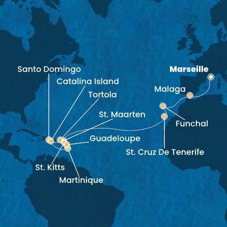 Francie, Španělsko, Portugalsko, Svatý Martin, Martinik, Guadeloupe, Svatý Kryštof a Nevis, Britské Panenské ostrovy, Dominikánská republika z Marseille na lodi Costa Fascinosa
