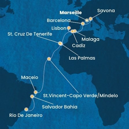Francie, Itálie, Španělsko, Portugalsko, Kapverdy, Brazílie z Marseille na lodi Costa Diadema