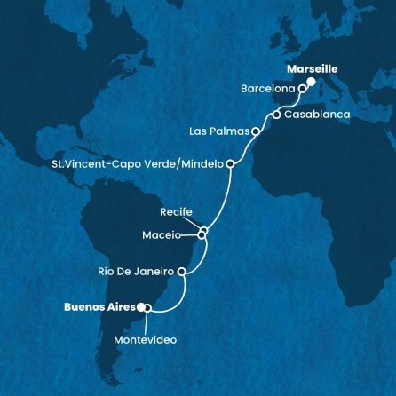 Francie, Španělsko, Maroko, Kapverdy, Brazílie, Uruguay, Argentina z Marseille na lodi Costa Deliziosa