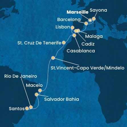 Francie, Itálie, Španělsko, Portugalsko, Maroko, Kapverdy, Brazílie z Marseille na lodi Costa Diadema